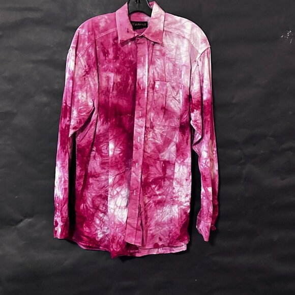 Ariat Tie Dye Shirt Long Sleeve Size Large Red Pink Rodeo Pearl Snaps Cowboy LT - Picture 10 of 10
